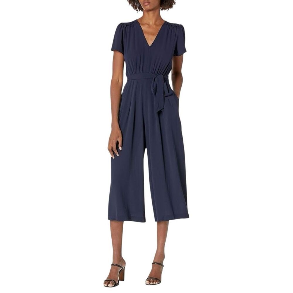 Donna Morgan Women's Navy Short Flutter Sleeve V Neck Wide Leg Jumpsuit Size 14